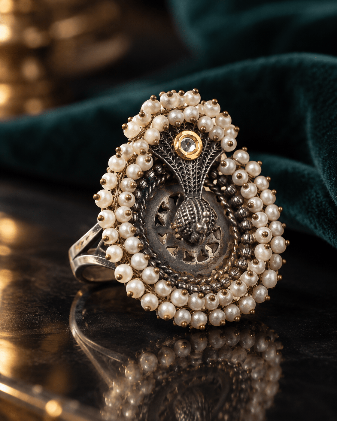 Oxidised Silver Peacock Pearl Cluster Statement Ring - Maxiblink