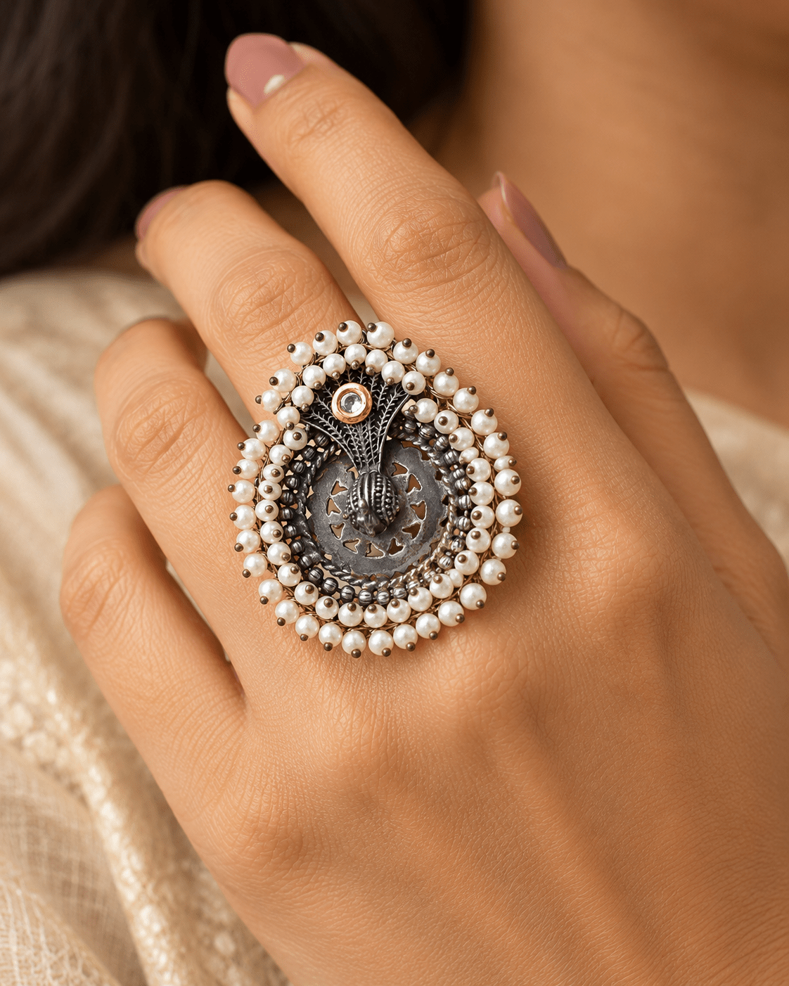 Oxidised Silver Peacock Pearl Cluster Statement Ring - Maxiblink