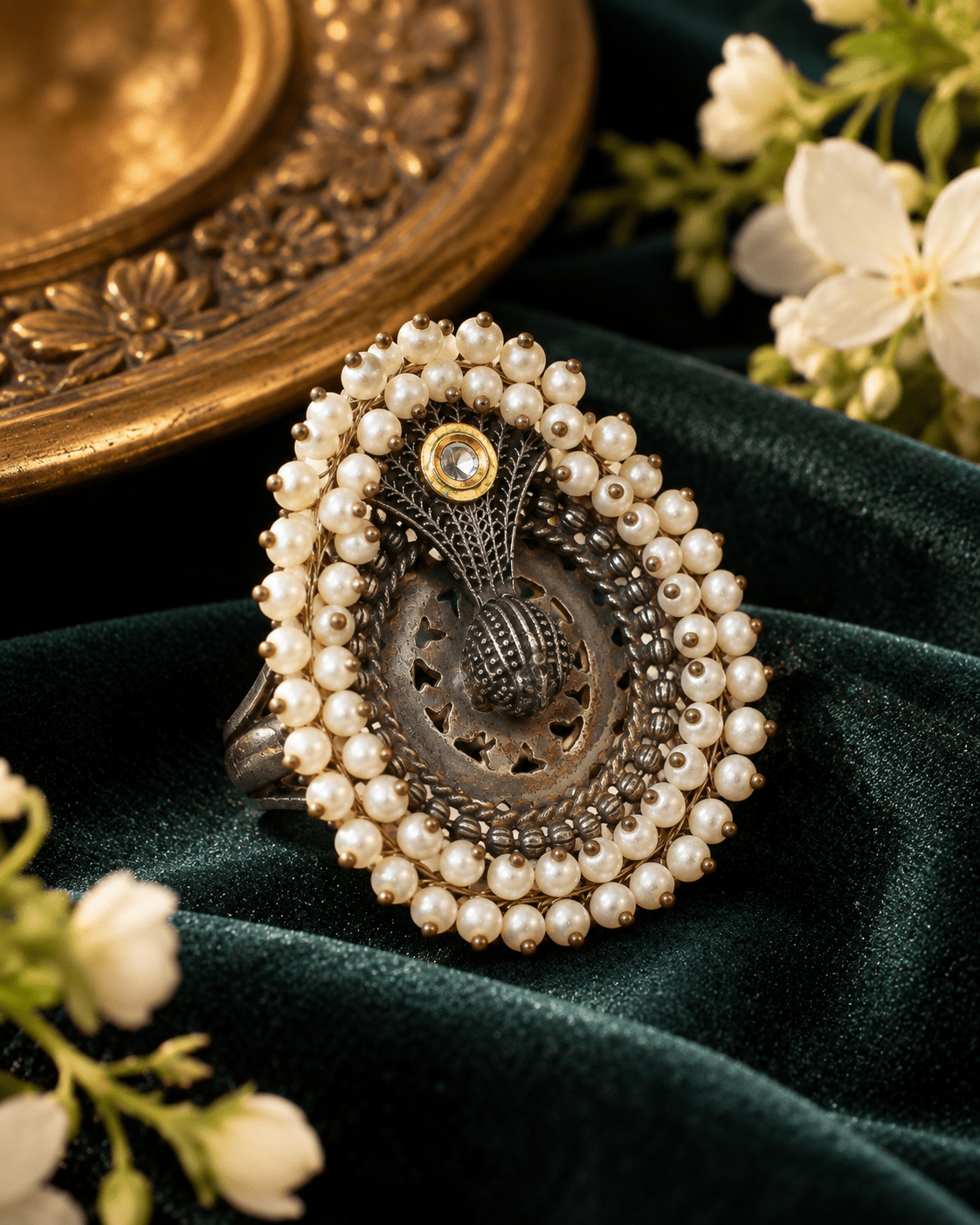 Oxidised Silver Peacock Pearl Cluster Statement Ring - Maxiblink