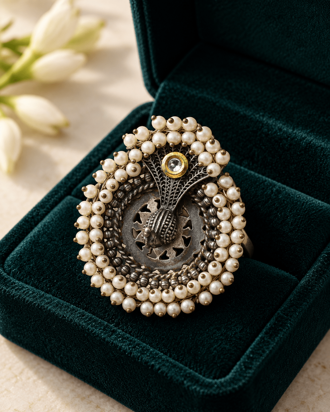 Oxidised Silver Peacock Pearl Cluster Statement Ring - Maxiblink