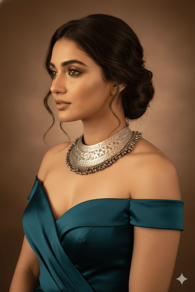 Oxidised Tribal Silver Collar Necklace for Women - Maxiblink