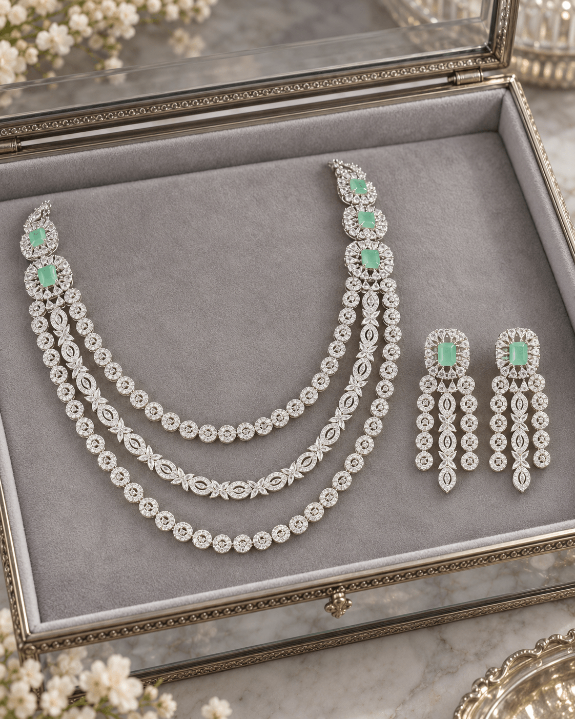 Pastel Mint Layered Diamond Necklace Set - Maxiblink