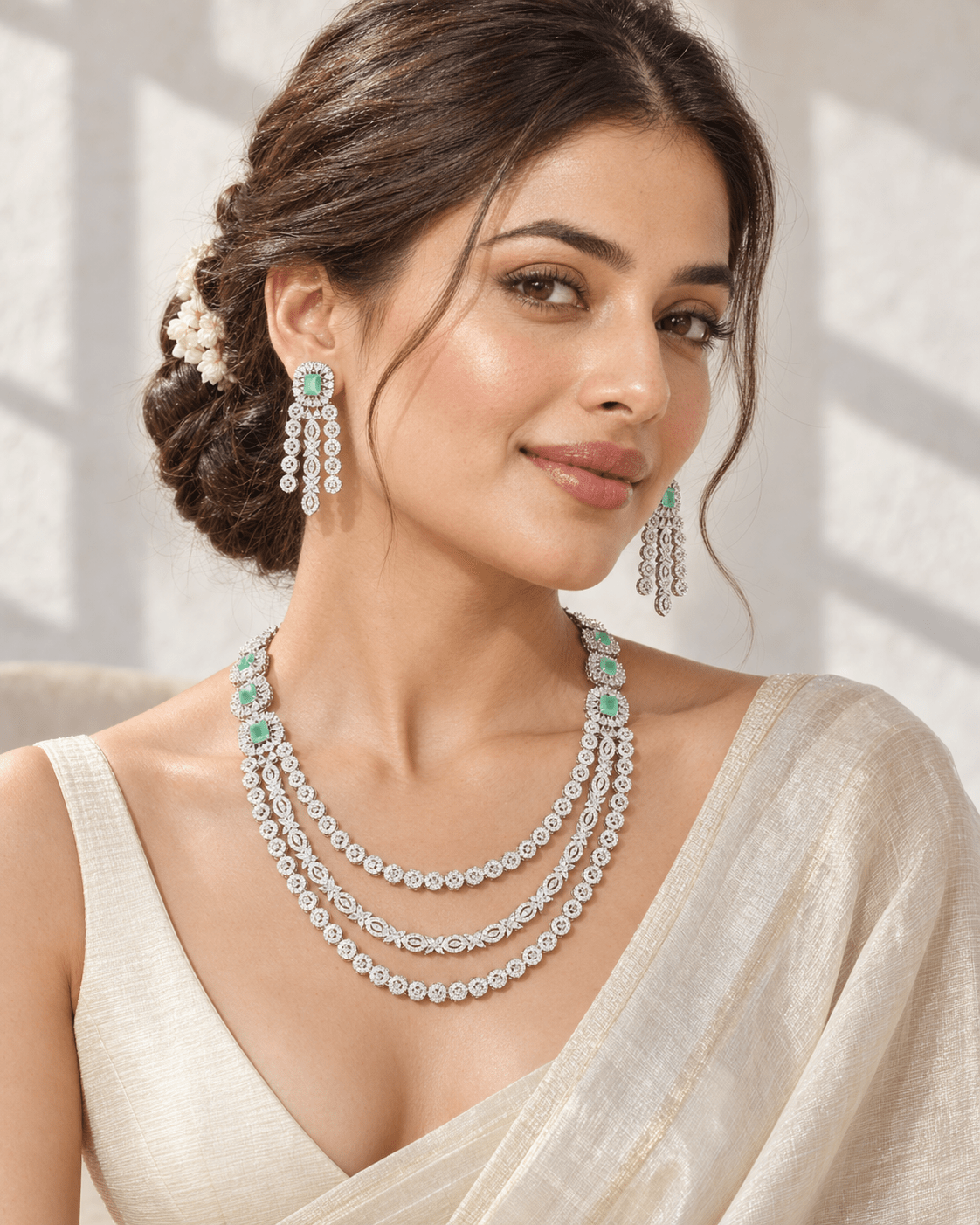 Pastel Mint Layered Diamond Necklace Set - Maxiblink