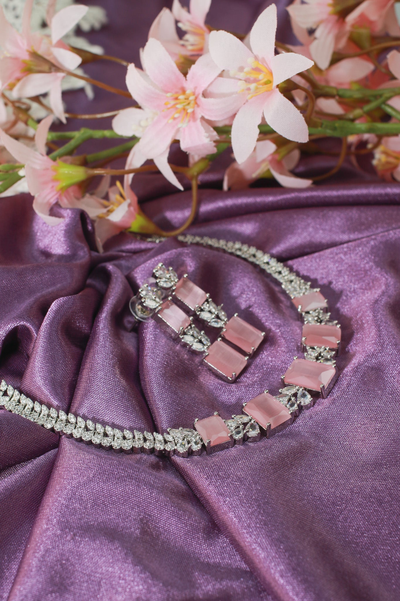 Pastel Pink Rectangular AD Necklace Set - Maxiblink