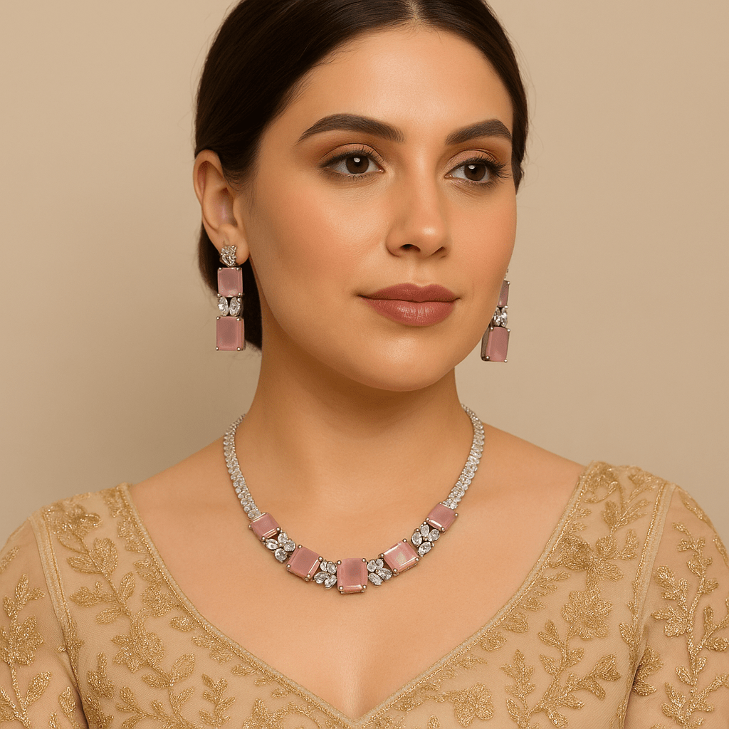 Pastel Pink Rectangular AD Necklace Set - Maxiblink