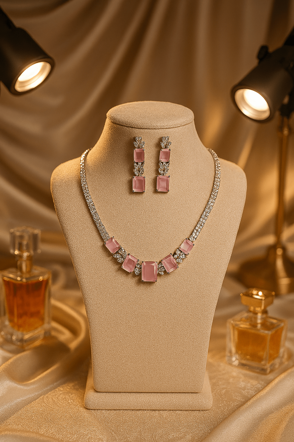 Pastel Pink Rectangular AD Necklace Set - Maxiblink
