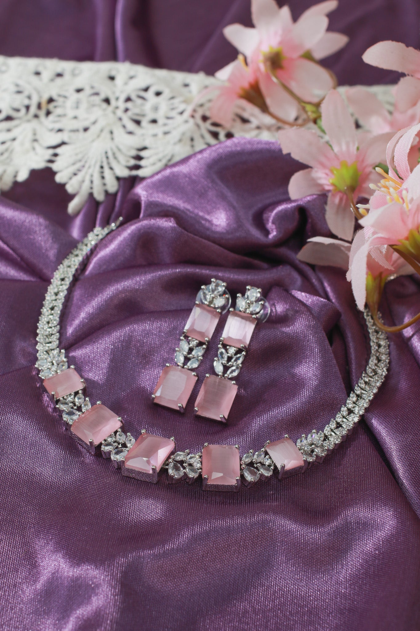 Pastel Pink Rectangular AD Necklace Set - Maxiblink