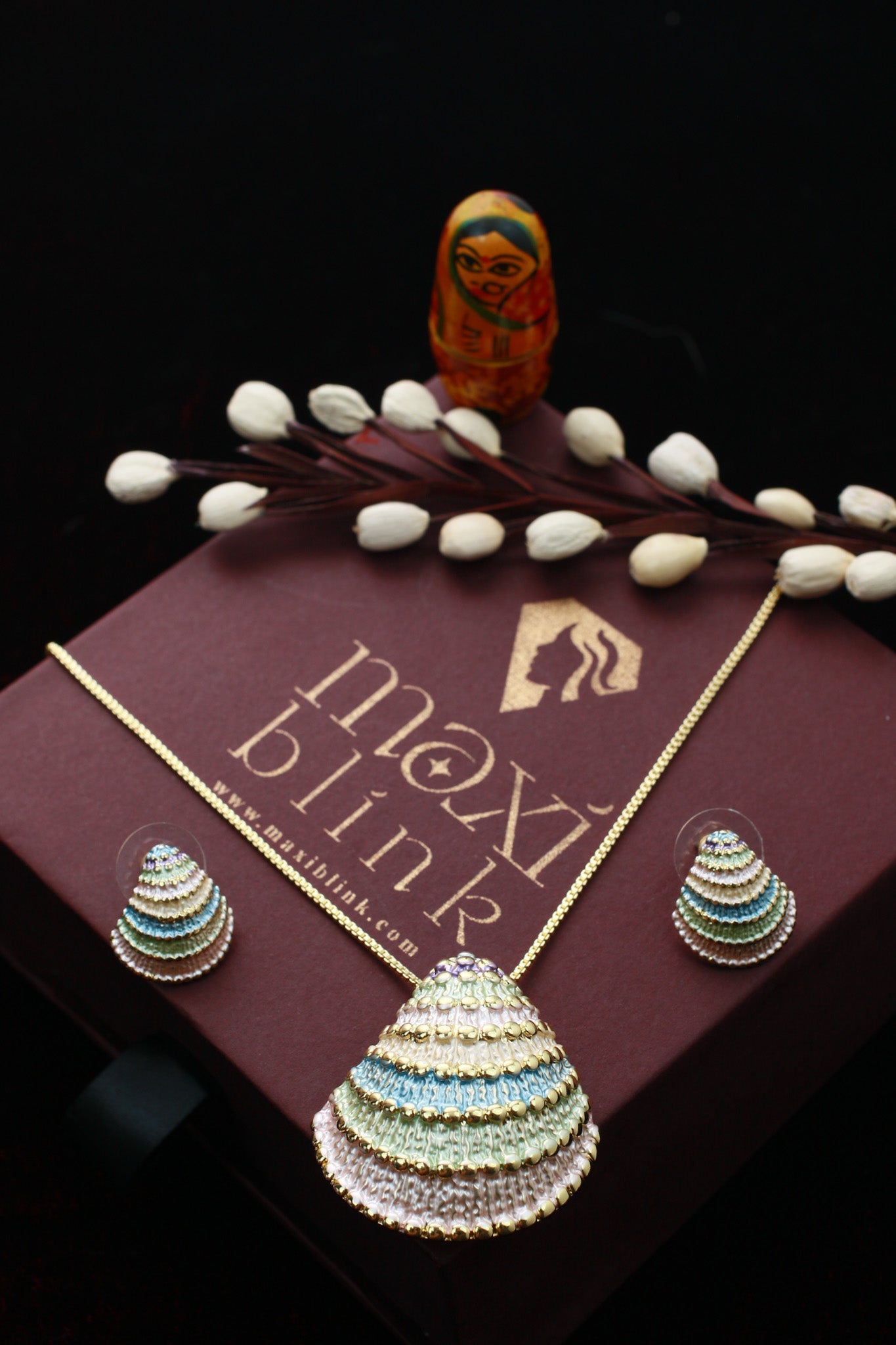 Pastel Shell Fan Pendant Set - Multi - Color Enamel Luxury Necklace & Earrings | Anti Tarnish Coating - Maxiblink
