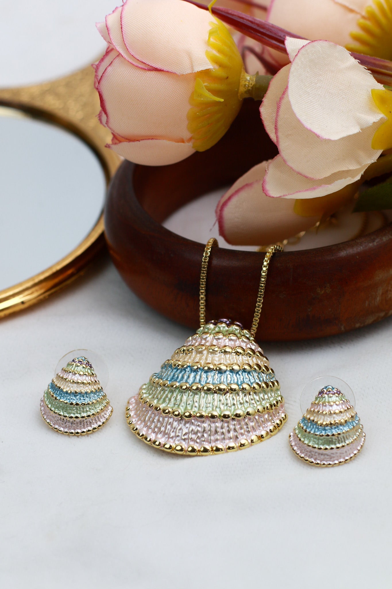 Pastel Shell Fan Pendant Set - Multi - Color Enamel Luxury Necklace & Earrings | Anti Tarnish Coating - Maxiblink