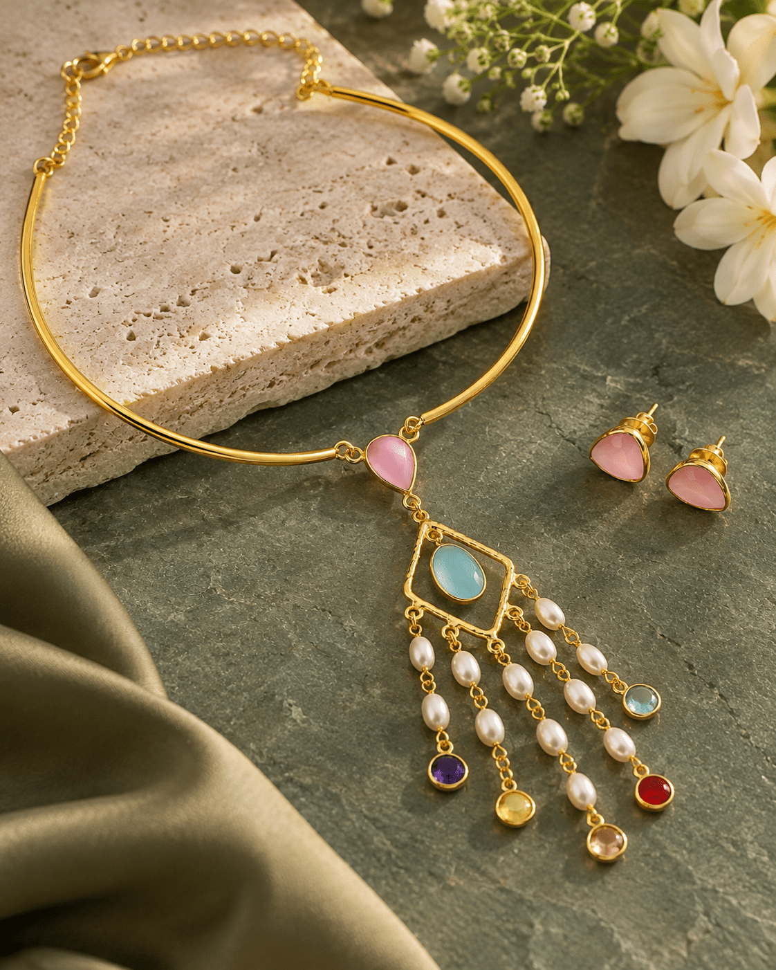 Pastel Stone & Pearl Tassel Hansuli Necklace Set - Maxiblink
