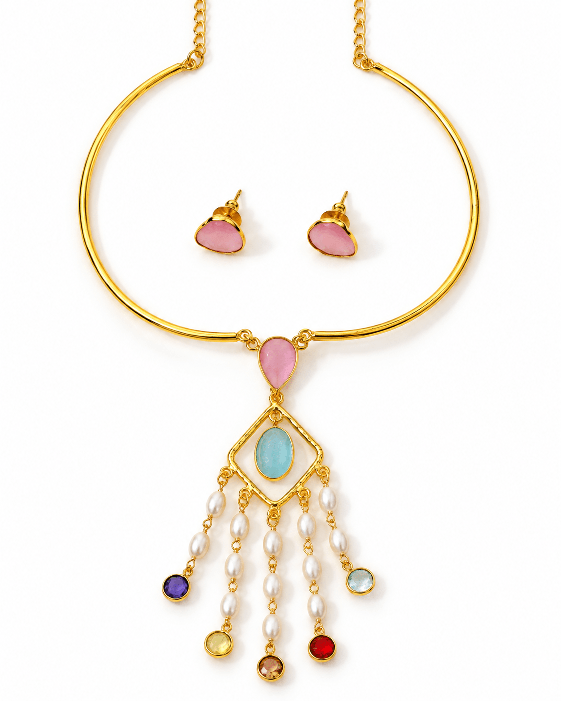 Pastel Stone & Pearl Tassel Hansuli Necklace Set - Maxiblink