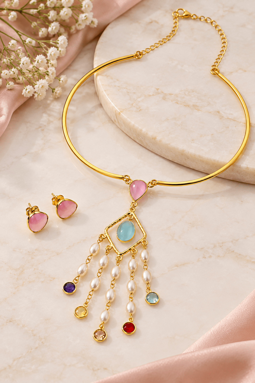 Pastel Stone & Pearl Tassel Hansuli Necklace Set - Maxiblink