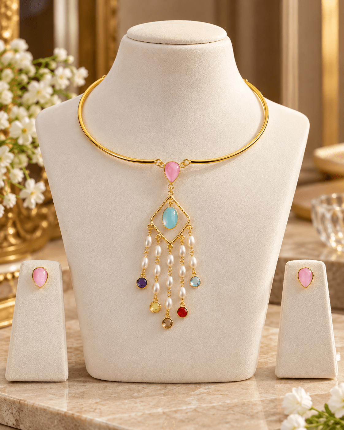 Pastel Stone & Pearl Tassel Hansuli Necklace Set - Maxiblink
