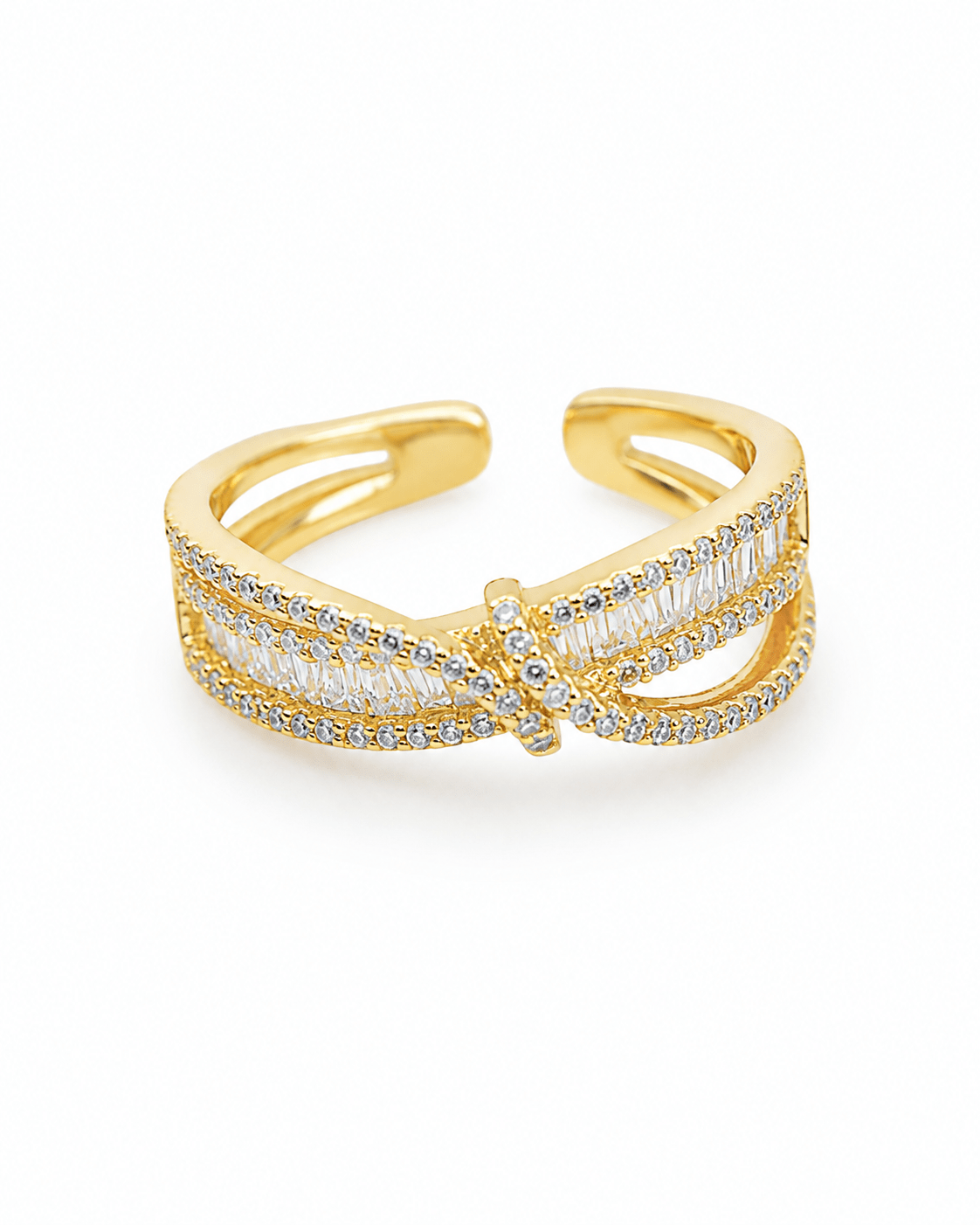 Pave & Baguette Crossover Ring — anti-tarnish adjustable free-size ring, MaxiBlink demi-fine