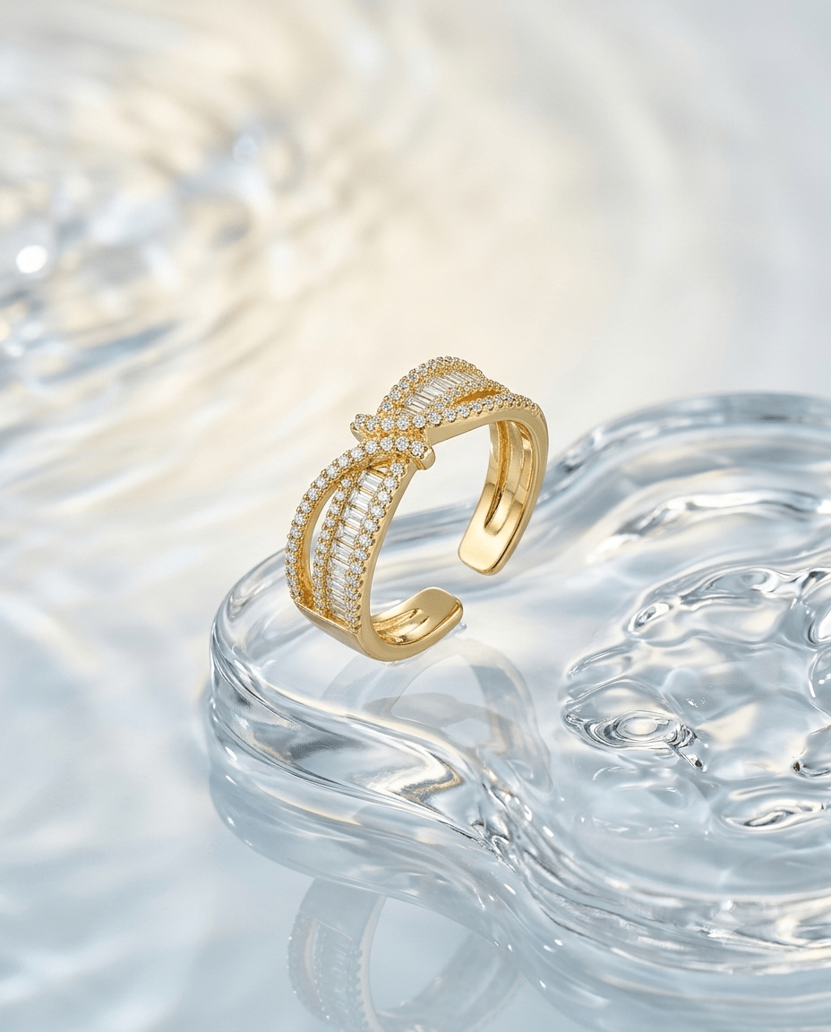 Pave & Baguette Crossover Ring, free-size open band — MaxiBlink gold-plated demi-fine jewellery