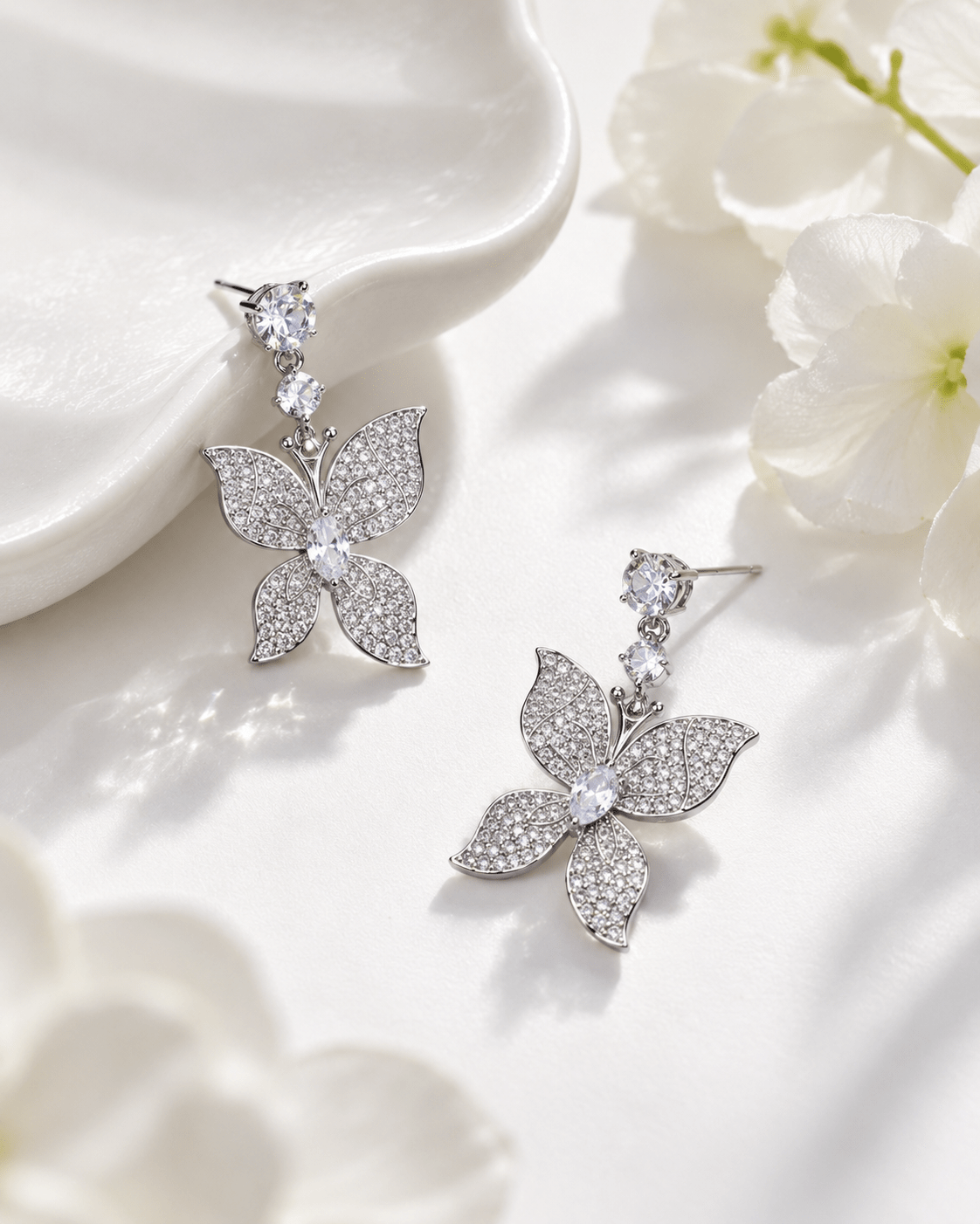 Pave Butterfly Drop Earrings Silver - Maxiblink