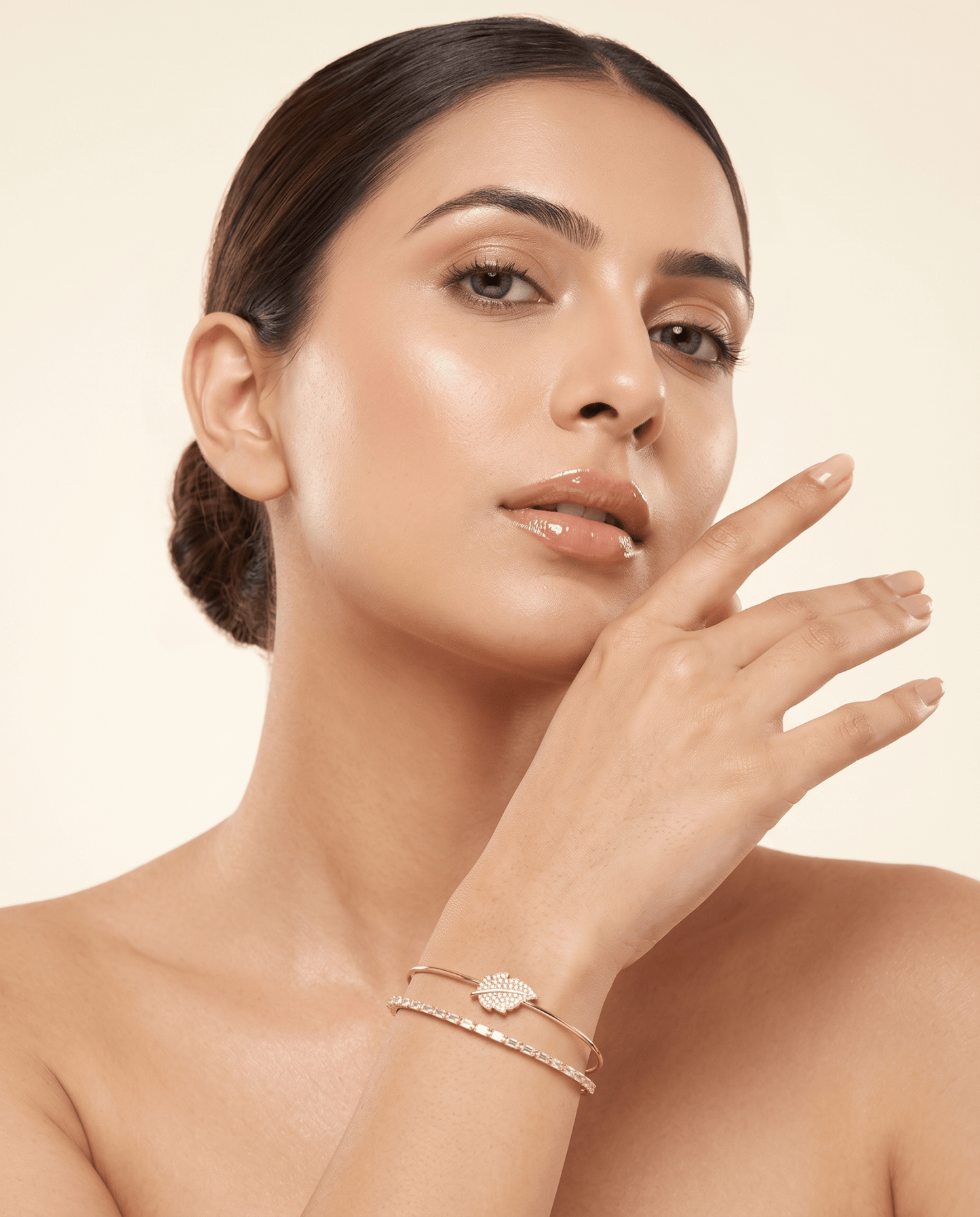 Pave Leaf Baguette Double Layer Cuff Bracelet - Maxiblink