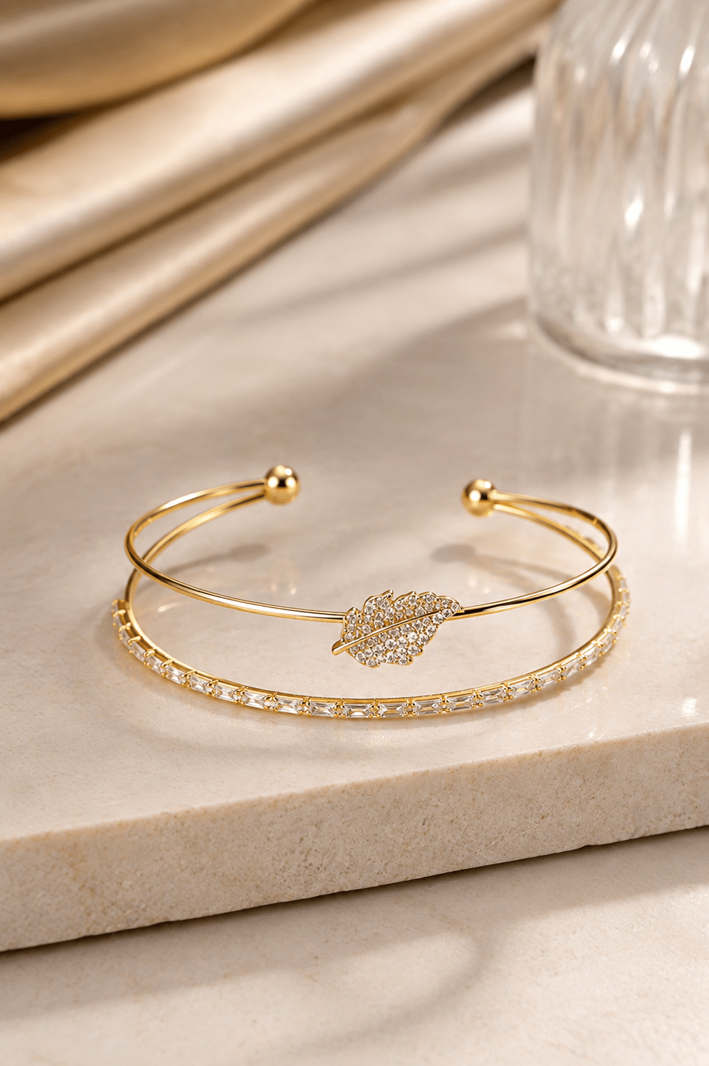 Pave Leaf Baguette Double Layer Cuff Bracelet - Maxiblink