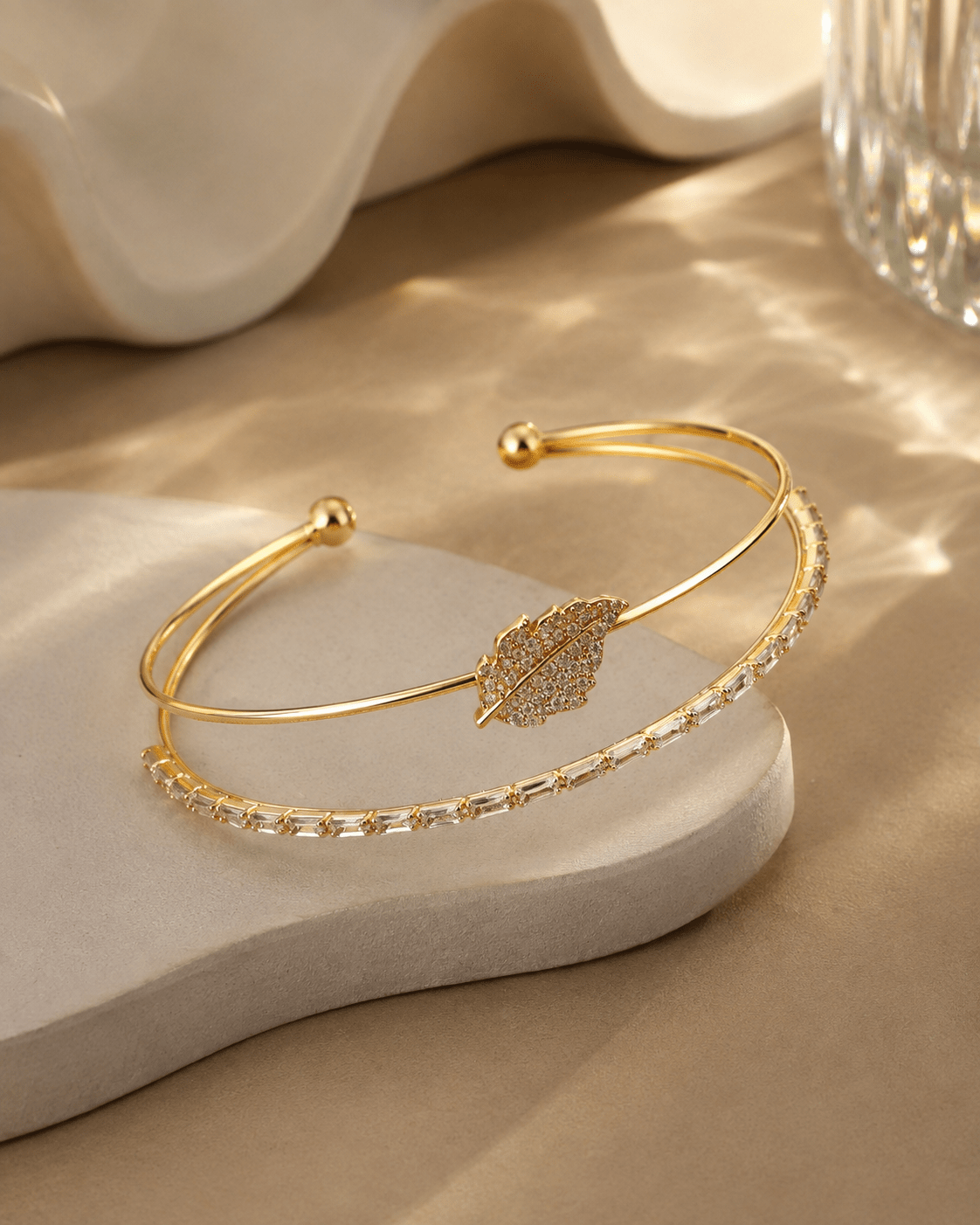 Pave Leaf Baguette Double Layer Cuff Bracelet - Maxiblink