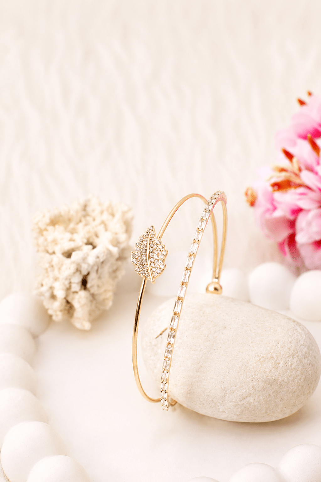 Pave Leaf Baguette Double Layer Cuff Bracelet - Maxiblink