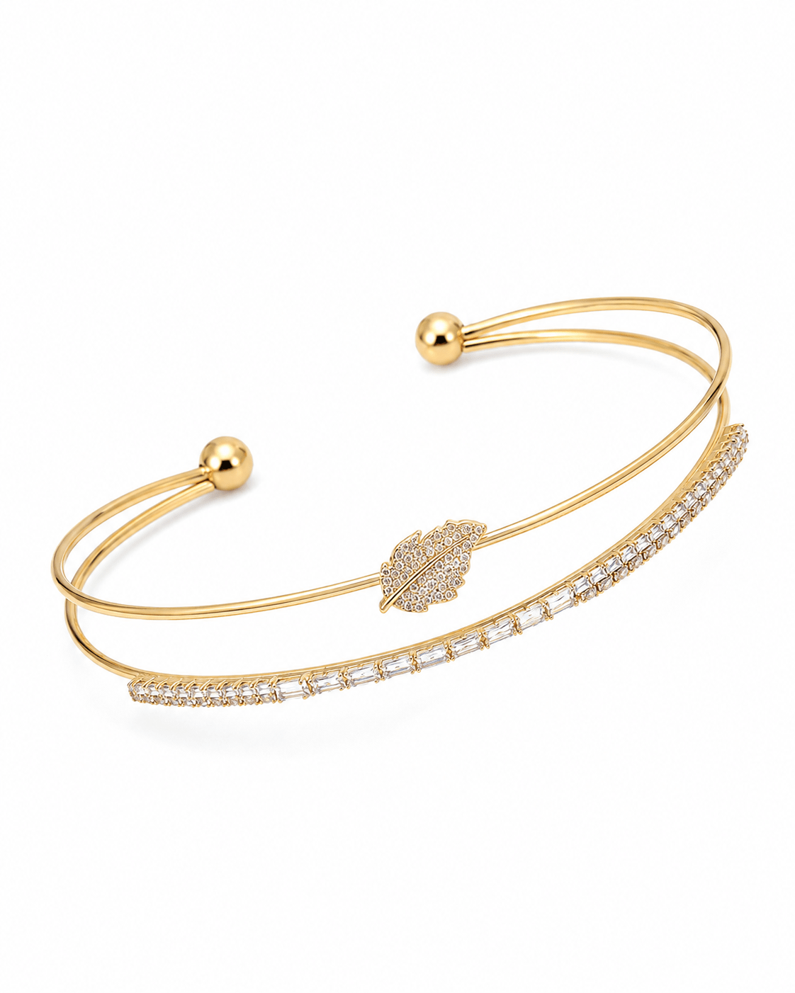Pave Leaf Baguette Double Layer Cuff Bracelet - Maxiblink