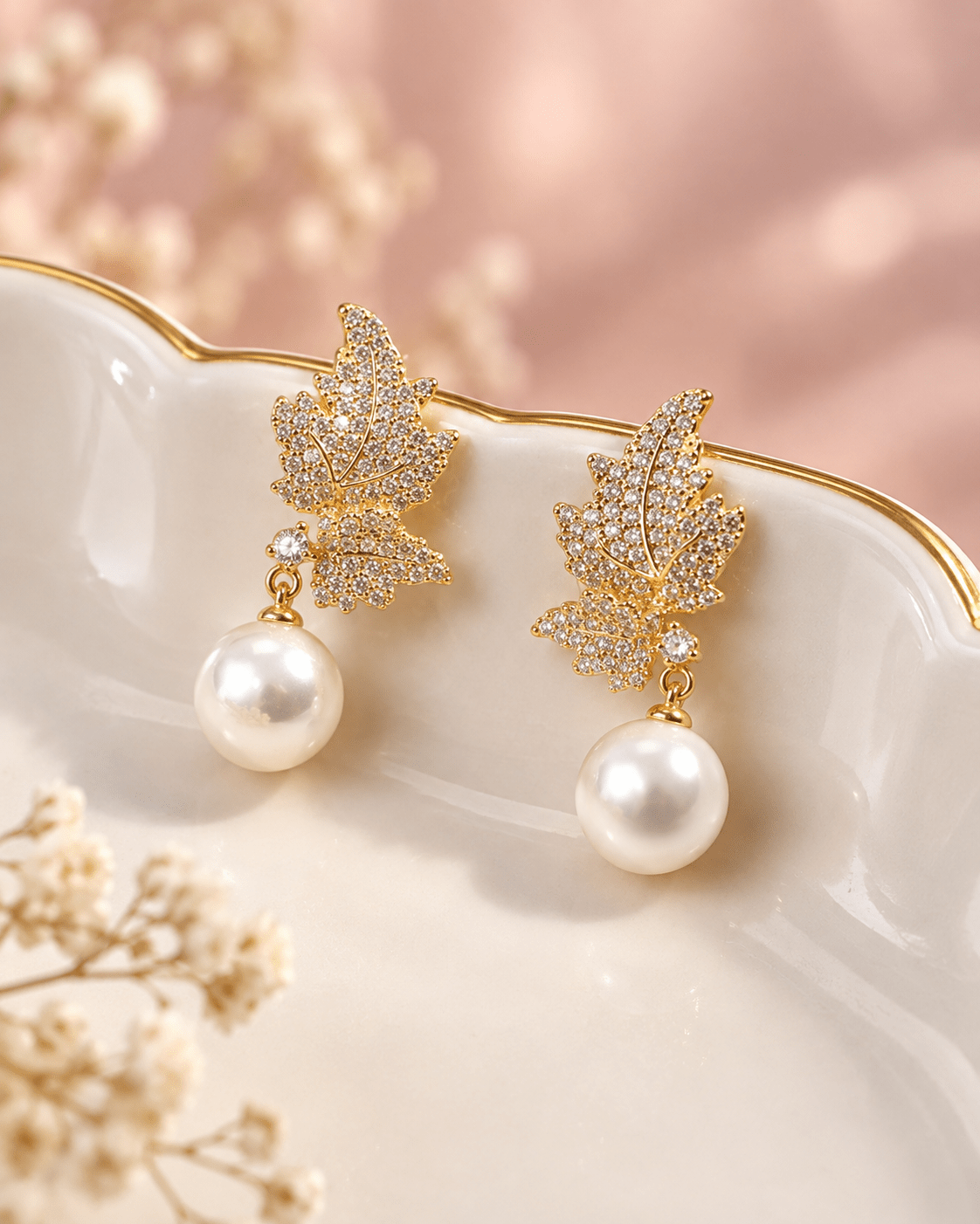 Pave Leaf Pearl Drop Earrings - Maxiblink