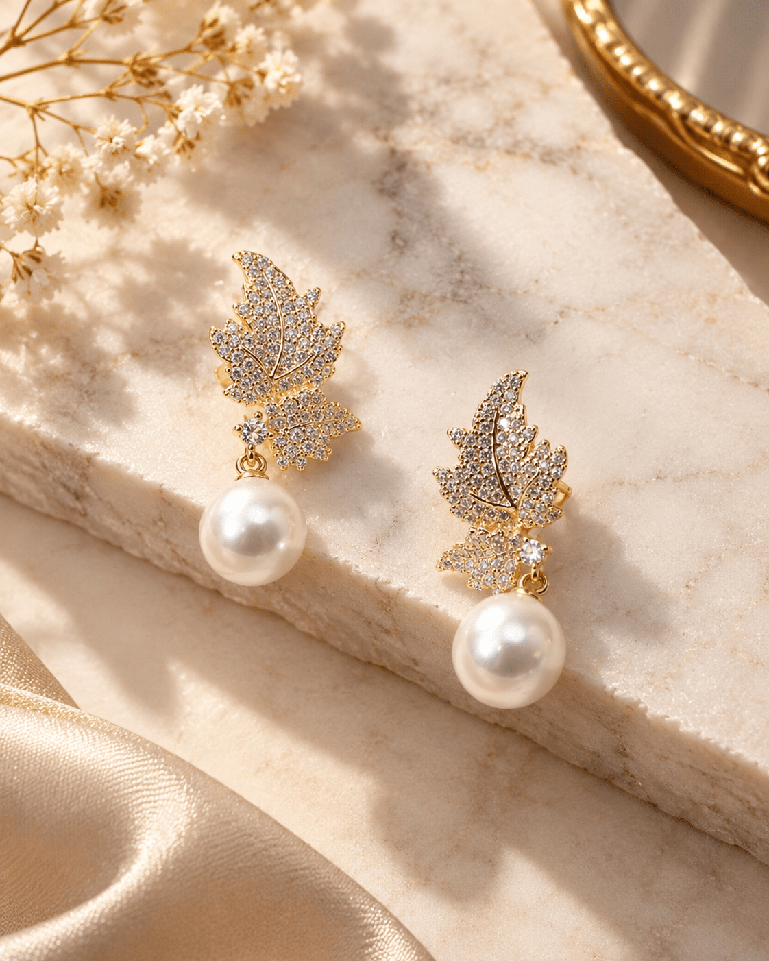Pave Leaf Pearl Drop Earrings - Maxiblink
