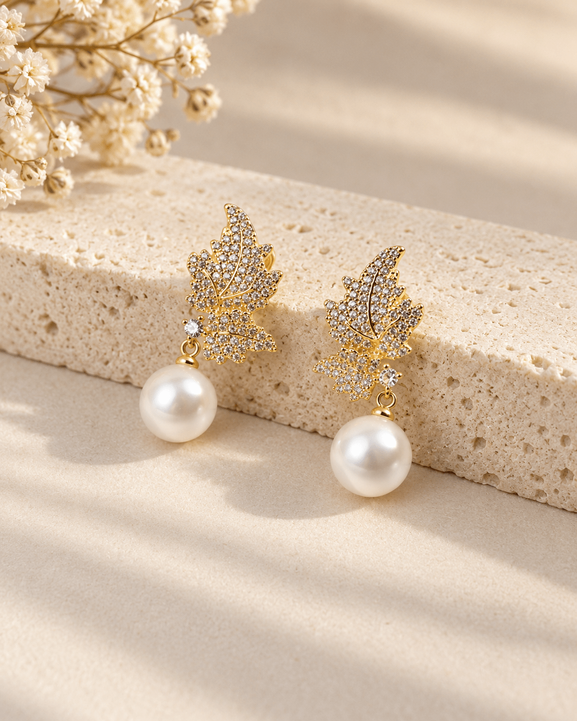 Pave Leaf Pearl Drop Earrings - Maxiblink