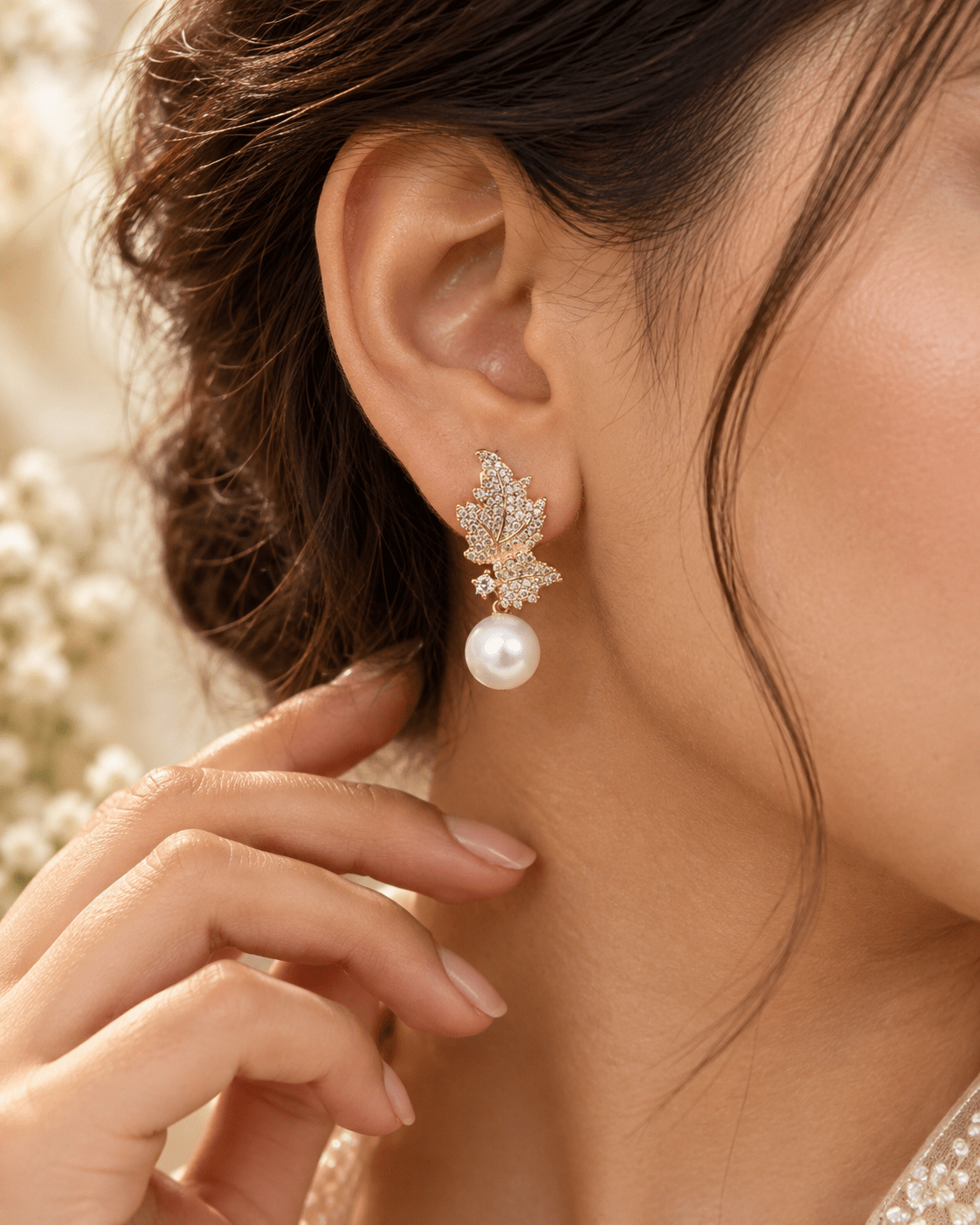 Pave Leaf Pearl Drop Earrings - Maxiblink