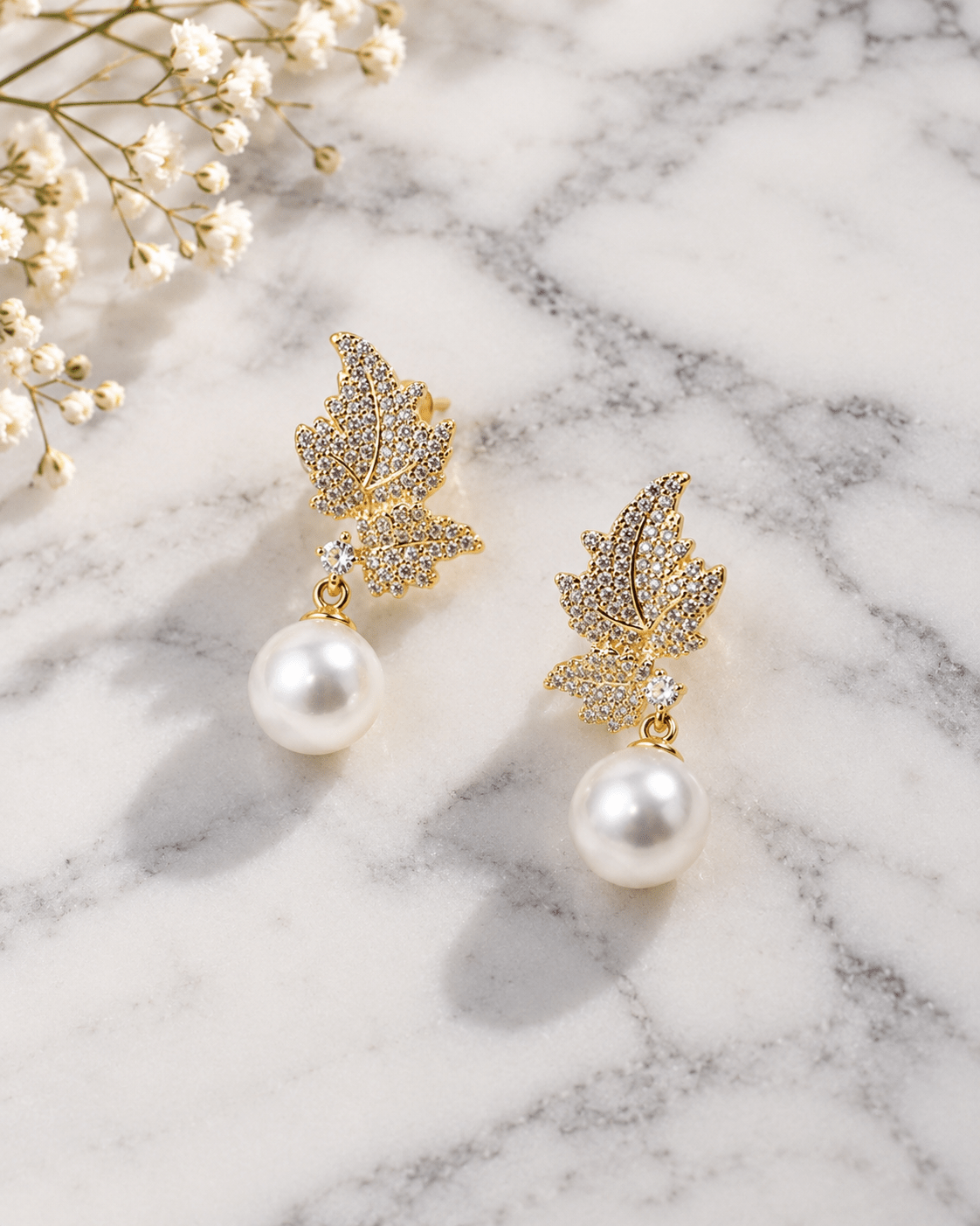 Pave Leaf Pearl Drop Earrings - Maxiblink
