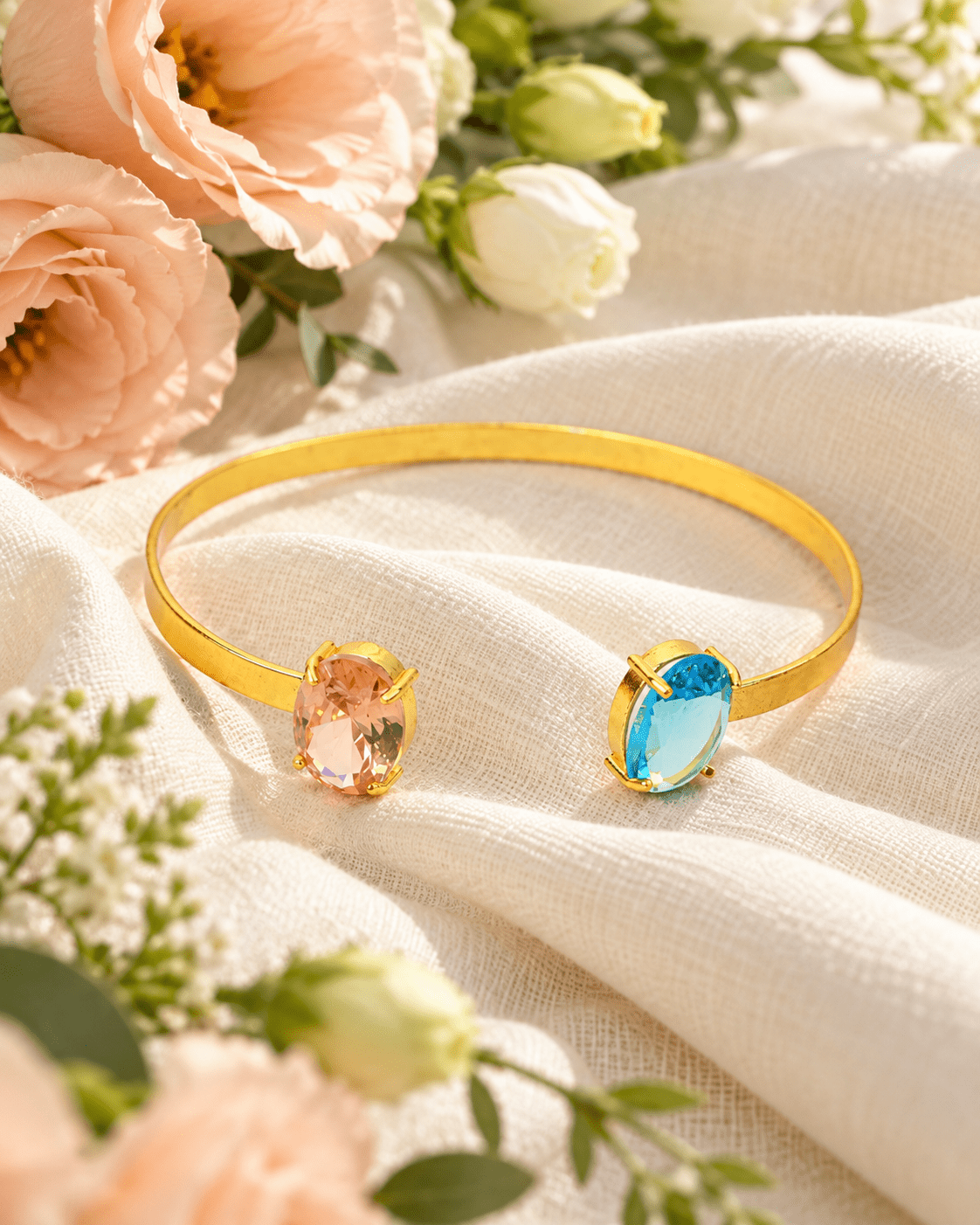 Peach & Aqua Oval Stone Flat Cuff Bracelet - Maxiblink