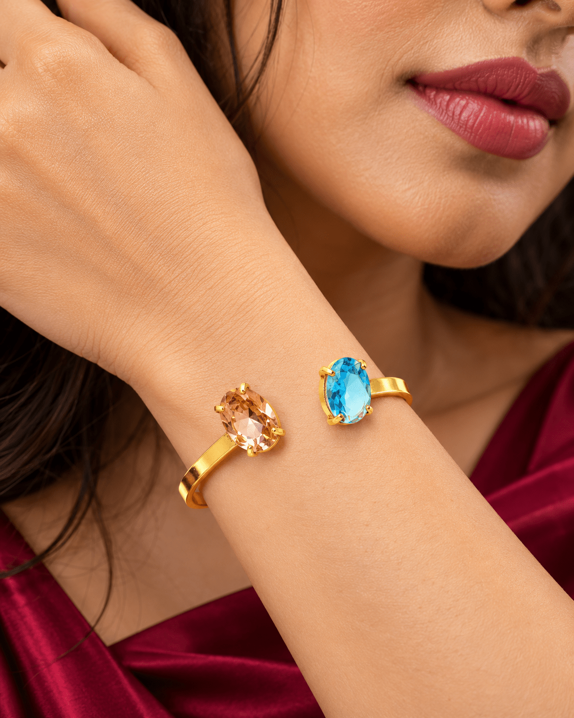 Peach & Aqua Oval Stone Flat Cuff Bracelet - Maxiblink