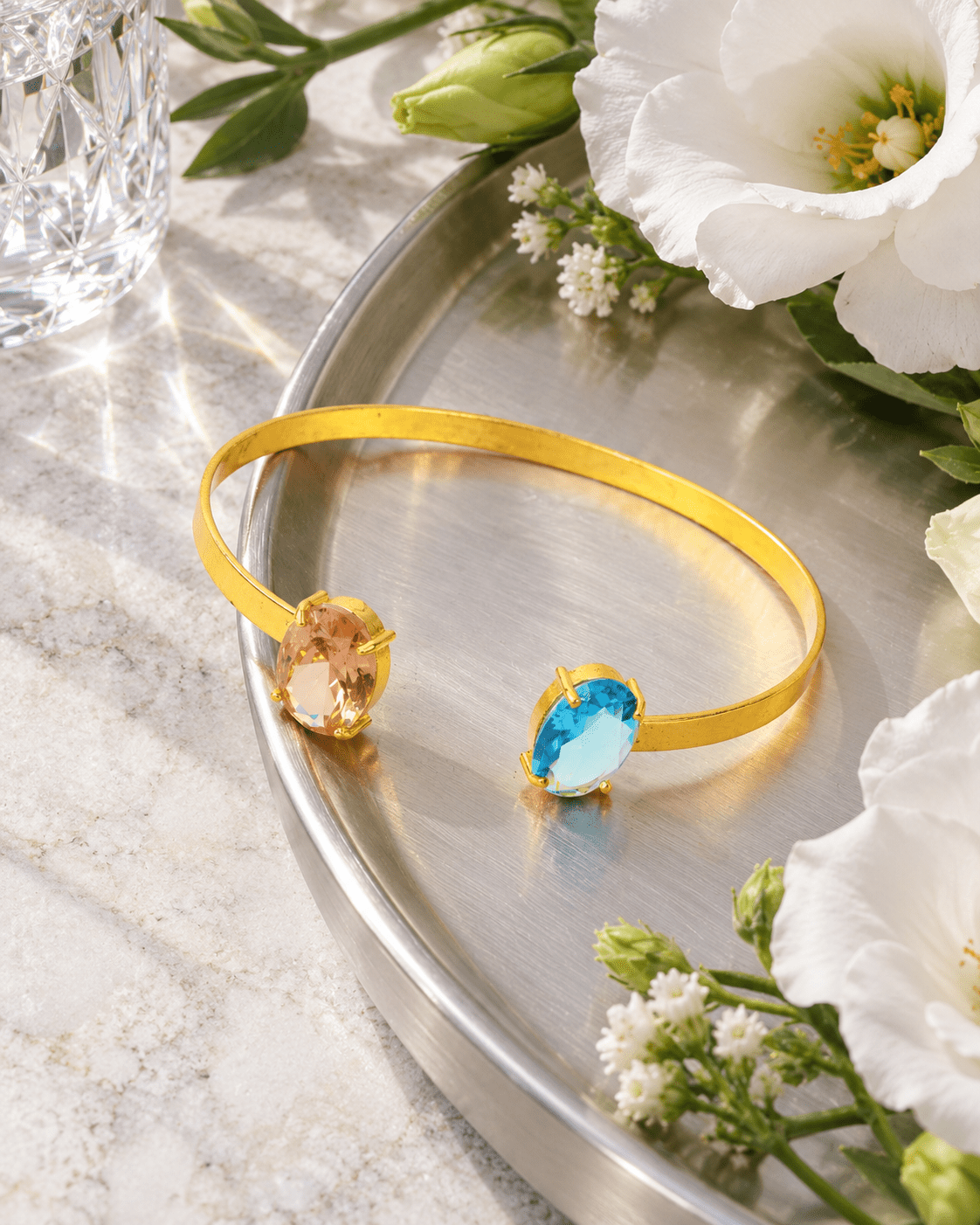 Peach & Aqua Oval Stone Flat Cuff Bracelet - Maxiblink