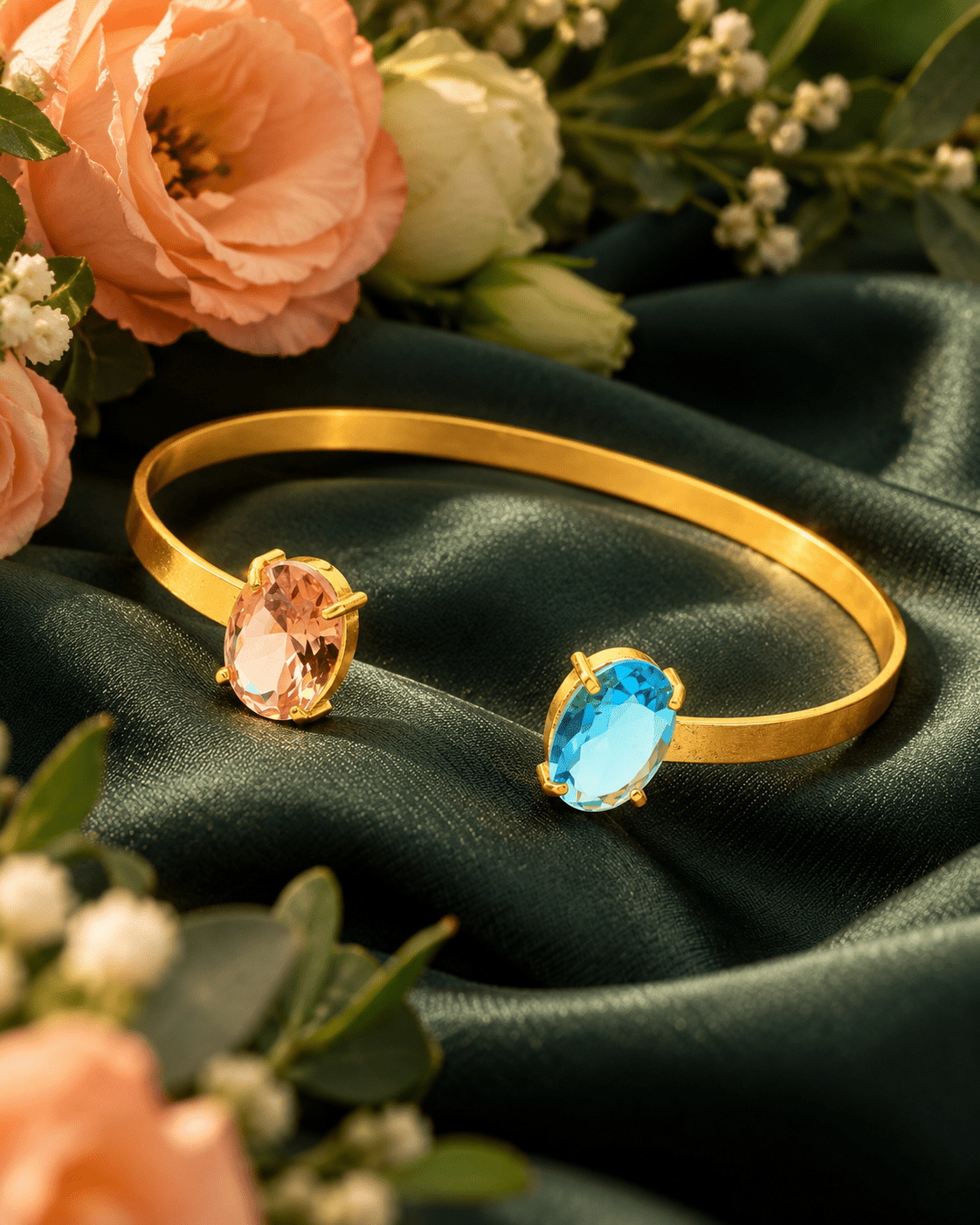 Peach & Aqua Oval Stone Flat Cuff Bracelet - Maxiblink