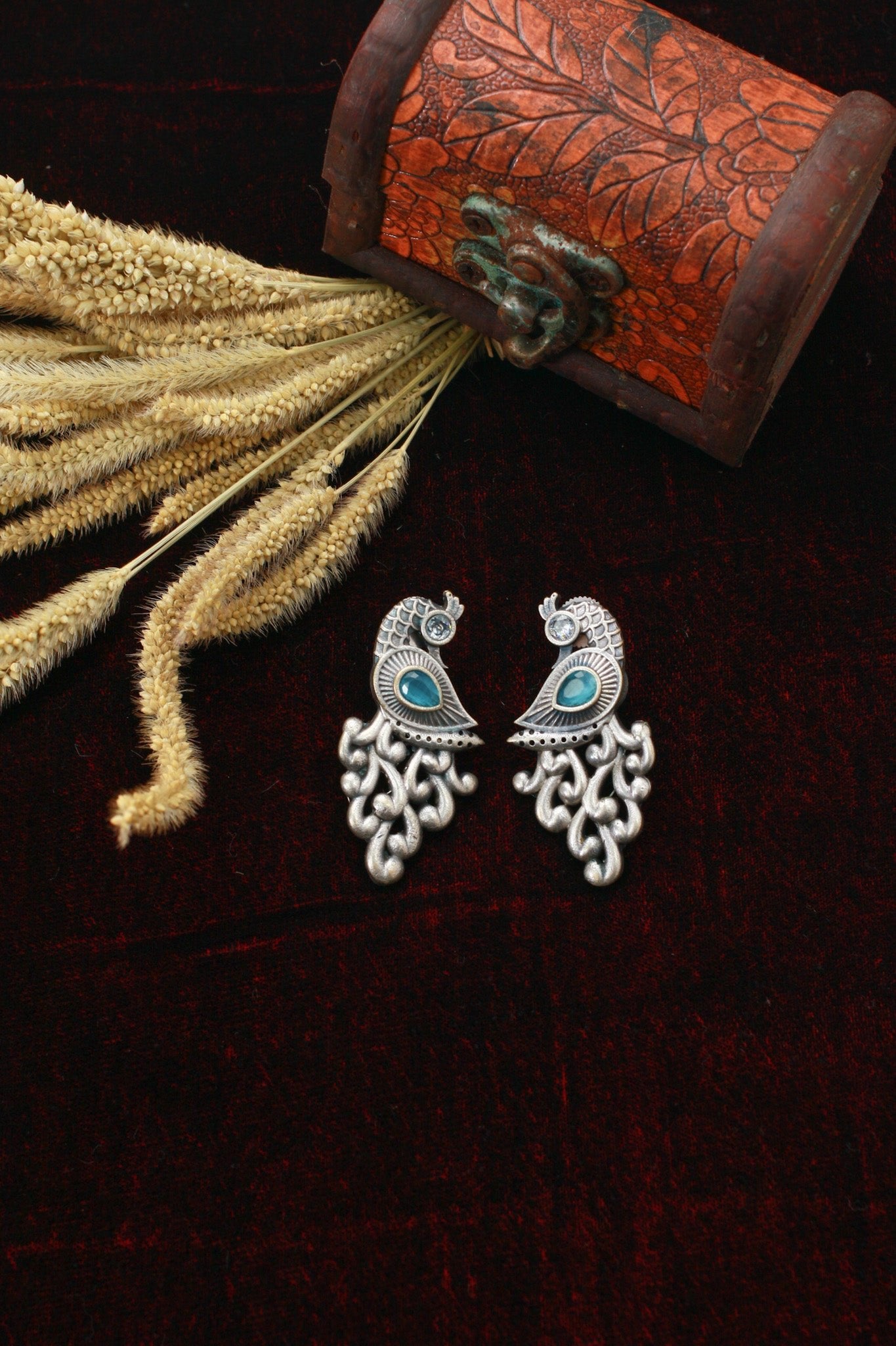 Peacock Design Oxidised German Silver Earrings with Green Monalisa Stone - Maxiblink