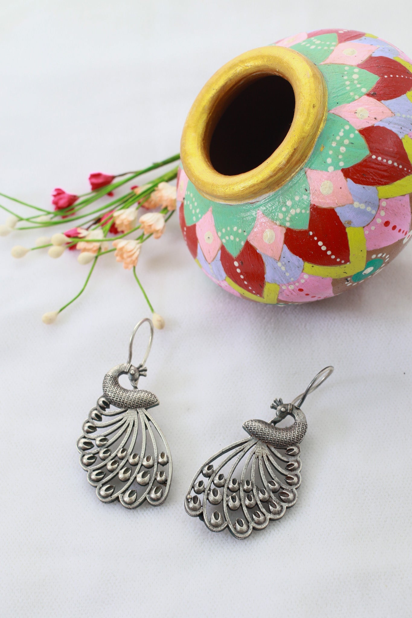 Peacock Feather Filigree Oxidised German Silver Earrings | Elegant Ethnic Danglers - Maxiblink