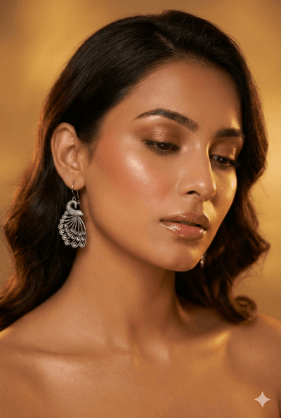 Peacock Feather Filigree Oxidised German Silver Earrings | Elegant Ethnic Danglers - Maxiblink