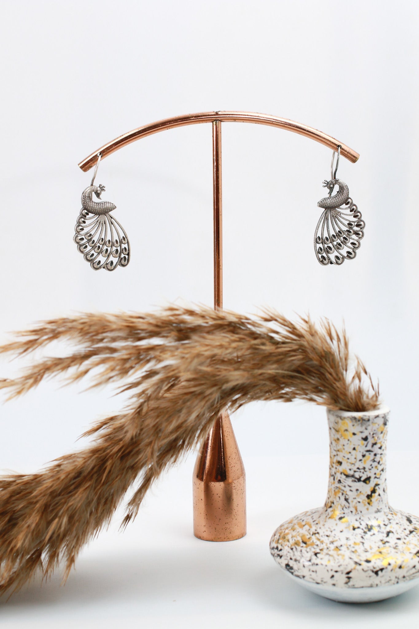 Peacock Feather Filigree Oxidised German Silver Earrings | Elegant Ethnic Danglers - Maxiblink