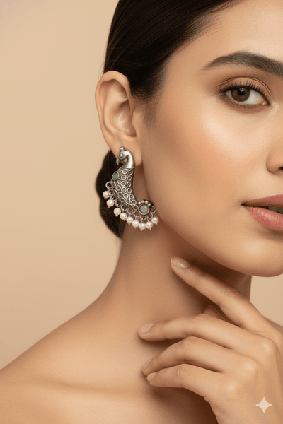 Peacock Hoop Oxidised German Silver Earrings with Multicolour Monalisa Accents & Pearls - Maxiblink