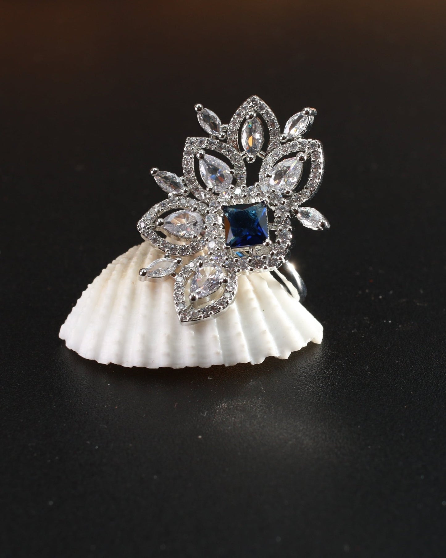 Peacock Motif Ring with Blue Stone and CZ Accents - Maxiblink