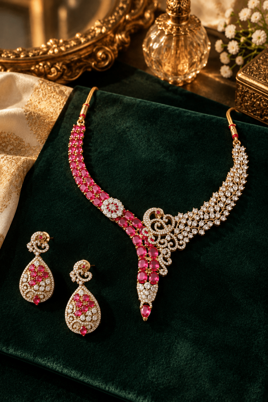 Peacock Ruby Vine Gold-Plated Necklace Set - Maxiblink