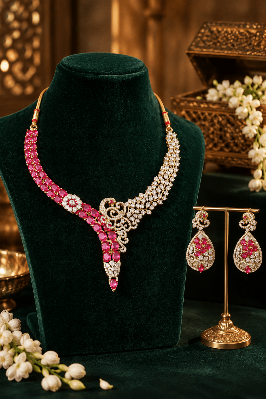 Peacock Ruby Vine Gold-Plated Necklace Set - Maxiblink