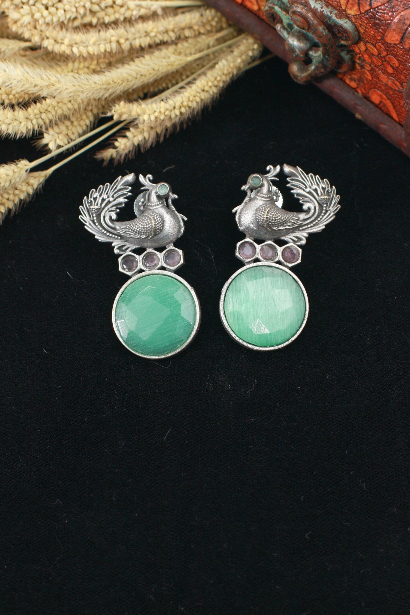 Peacock Top Earrings with Green Monalisa Round | Oxidised German Silver - Maxiblink