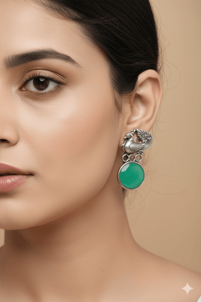 Peacock Top Earrings with Green Monalisa Round | Oxidised German Silver - Maxiblink