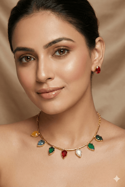 Pear - Drop Multicolour Necklace Set – Brass Gold Plated | Anti - Tarnish Coated - Maxiblink