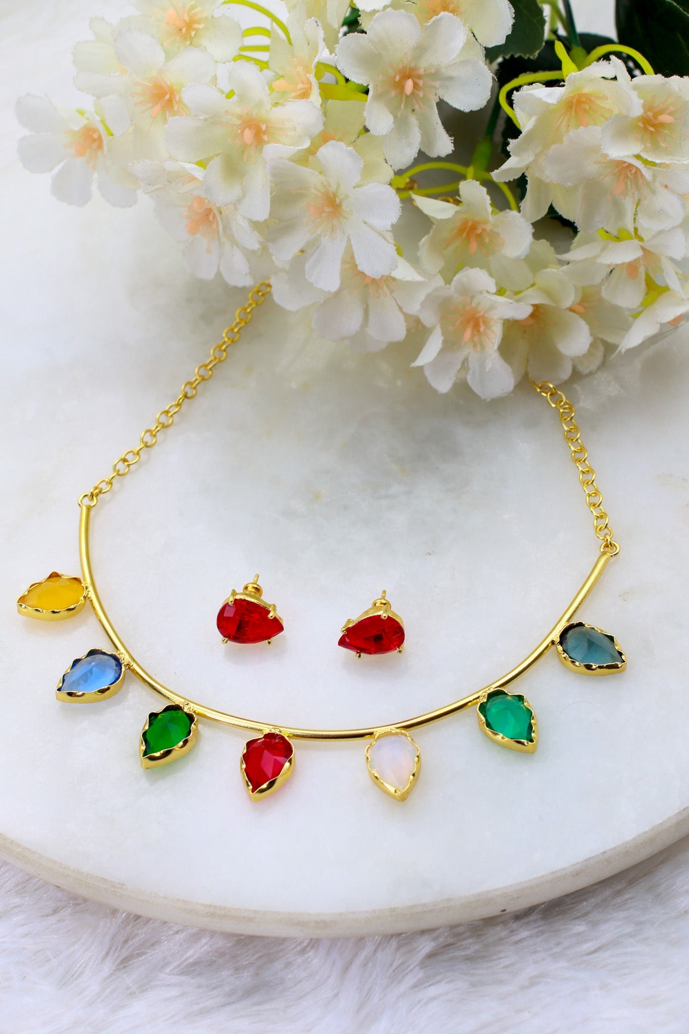 Pear - Drop Multicolour Necklace Set – Brass Gold Plated | Anti - Tarnish Coated - Maxiblink