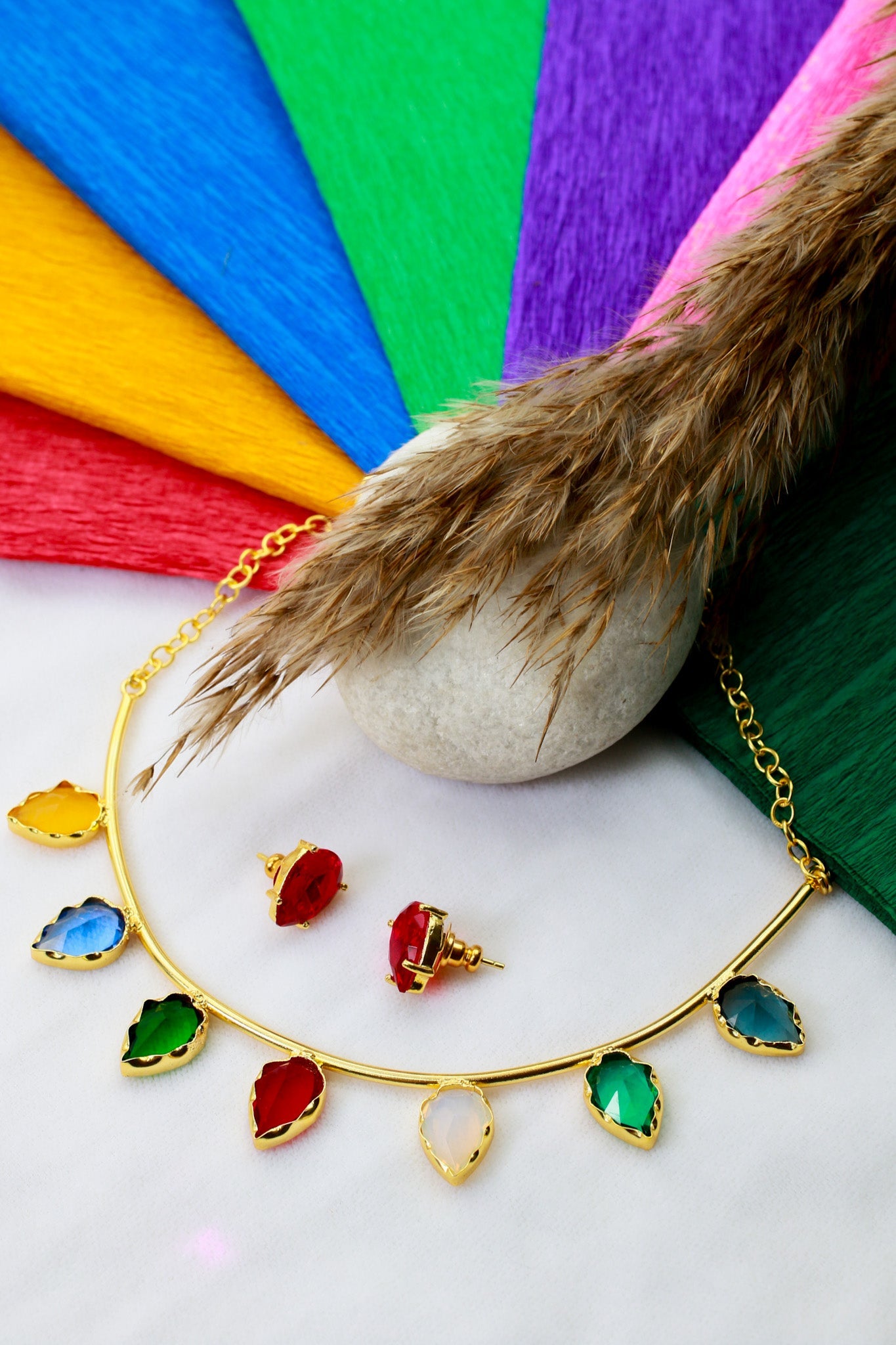 Pear - Drop Multicolour Necklace Set – Brass Gold Plated | Anti - Tarnish Coated - Maxiblink