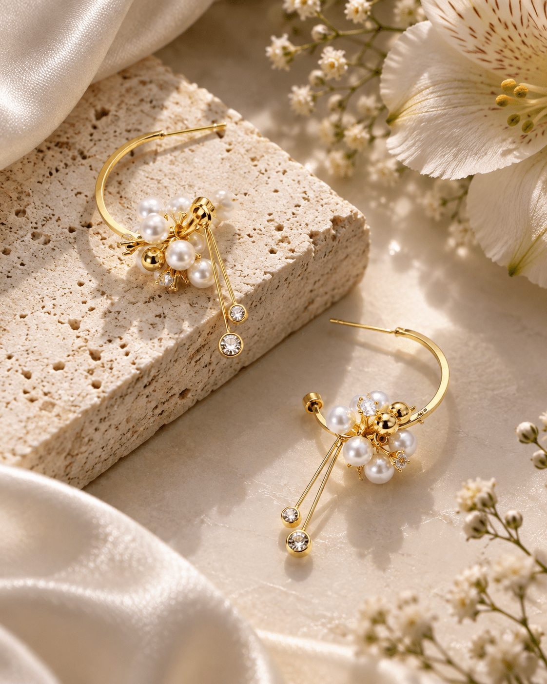 Pearl Cluster Hoop Drop Earrings - Maxiblink