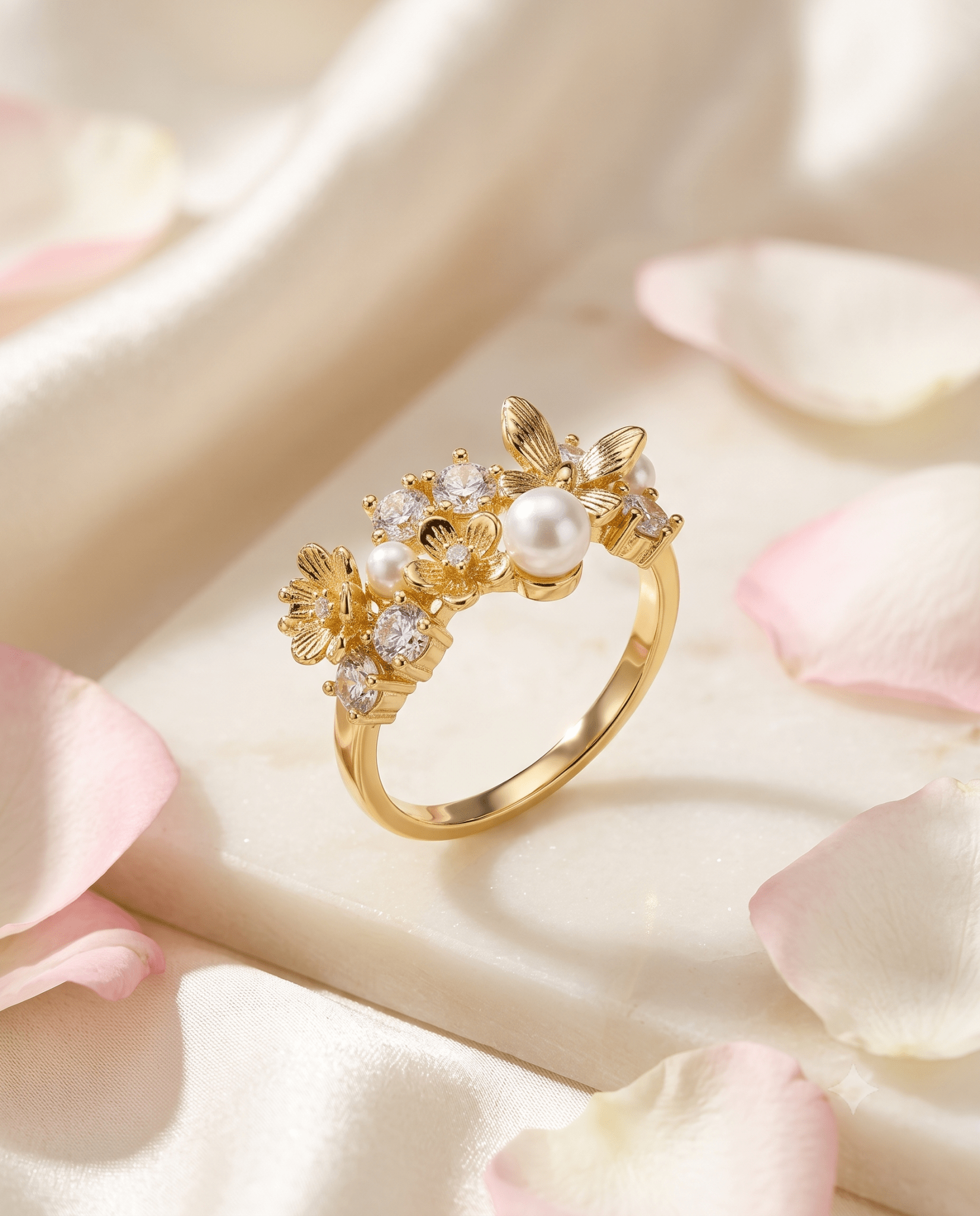 Pearl & Crystal Floral Garden Ring - Maxiblink