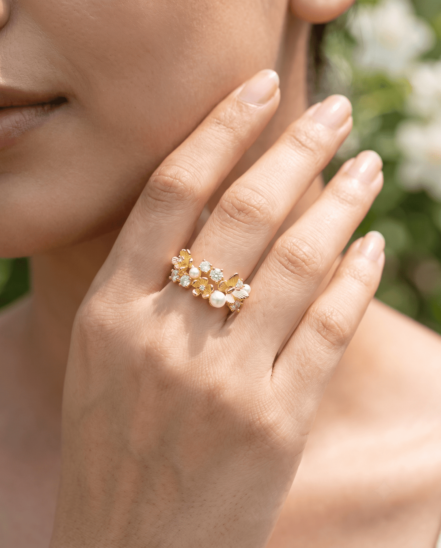 Pearl & Crystal Floral Garden Ring - Maxiblink